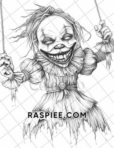 a drawing of a creepy clown holding onto a swing with the caption raspie com