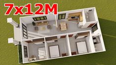 an aerial view of a two bedroom house with the measurements in red and white text