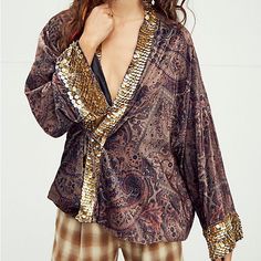 Free People Layla Embellished Kimono Beautiful Paisley Velvet With Gold Disc Sequin Embellishment Trim. Wrap Jacket Style. Fits Oversized. New With Tags. Attached Bag Of Extra Sequins. Free People Kimono, Paisley Jacket, Free People Velvet, Velvet Kimono, Free People Jacket, Sequin Jacket, Kimono Jacket, Wide Sleeves, Kimonos