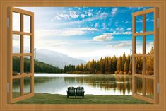 an open window with a bench in front of a lake and trees outside the window