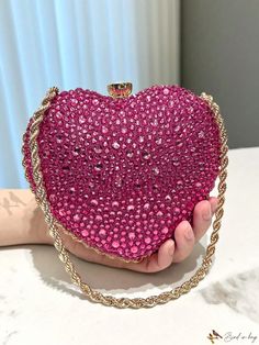 Bird in Bag - Exquisite Rose-Colored Diamond Studded Heart or Peach Heart Evening Clutch Bag: A Fashionable and Elegant Accessory with Chain and Crossbody Functionality, Perfect for Parties, Proms, Weddings, and More Hot Pink Clutch, Glitter Clutch Bag, Rhinestone Clutch, Crystal Clutch, Print Box, Butterfly Sunglasses, Chain Crossbody Bag, Rhinestone Heart, Evening Clutch Bag