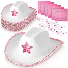 PRICES MAY VARY. You Will Get: you will receive 6 pink star white cowgirl hats, 6 heart rimless glasses, 6 paisley headscarves, sufficient quantity can be shared with friend at the party, which are very suitable for daily matching and party with costume Heart Rimless Glasses: these heart shaped sunglasses are made of resin, material and lightweight, not easy to get fade, transparent material will not block your sight line; The glasses are lightweight which bring no burden to your face, suitable Star Cowboy Hat, Kids Party Dress, Heart Glasses, Felt Cowboy Hats, Pink Crown, Pink Cowgirl, Kids Party Dresses, Crown Tiara, Cowgirl Hat