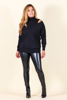 Show off some skin while staying all cozy and cuddled up in this super cute layered sweater! -Color: Black -V-neck with ribbed mock neck layered -Long sleeves -Cold shoulder -Very stretchy & soft -Content: 50% Viscose 28% Polyester 22% Nylon -Imported -Model is 5' 5" 36-30-40 and wearing a size Small Layered Sweater, Layered Long Sleeve, Sweater Layering, Cold Shoulder Sweater, Off Shoulder Sweater, Leather Leggings, Shoulder Sweater, Modern Fashion, Short Tops