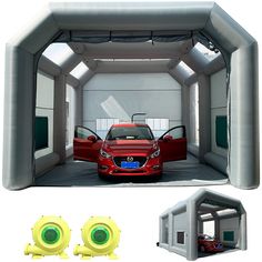 an inflatable car port with two cars inside