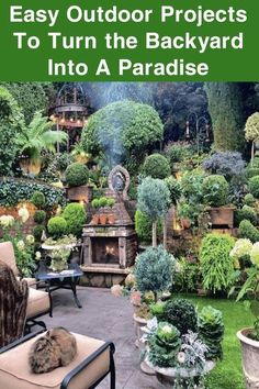 an outdoor patio with potted plants and a cat laying on the chair next to it