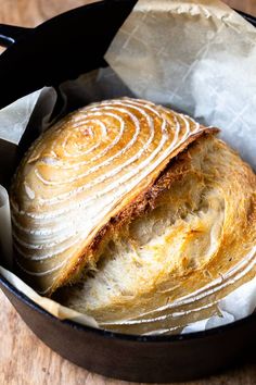 a pan filled with bread on top of a wooden table