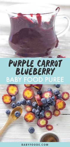 purple carrot blueberry baby food puree is in a glass bowl and on the table