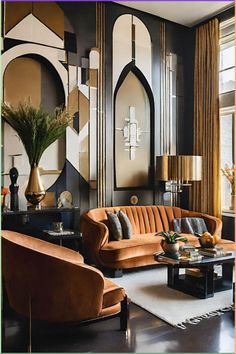 a living room filled with lots of furniture next to a large mirror on the wall