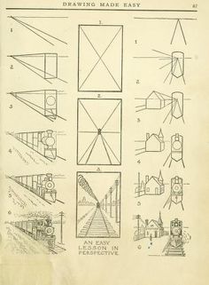 an old book with drawings and instructions on how to draw made easy, including train tracks