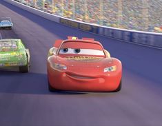 two cars racing on a race track in the disney / pixar film cars