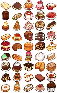 a bunch of different types of cakes and pastries on a white background with clippings