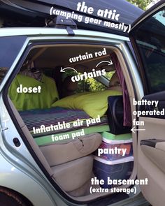 the inside of a car with its cargo compartment open and labeled parts labelled in english