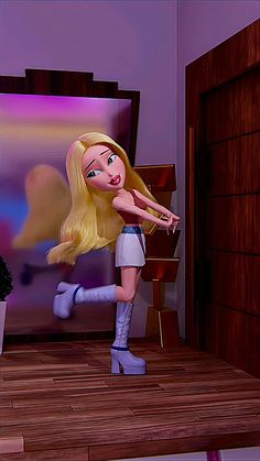 a cartoon girl with blonde hair standing on a wooden floor