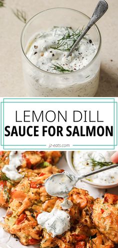 lemon dill sauce in a jar with a spoon and with salmon patties Creamy Dill Sauce For Salmon, Smoked Seafood, Dill Cream Sauce, Dill Sauce For Salmon, Lemon Dill Sauce, Dill Salmon, Creamy Dill Sauce, Sauce For Salmon, Dill Sauce