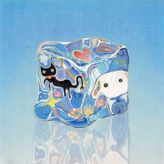 a glass block with a black cat on it's side and blue sky in the background