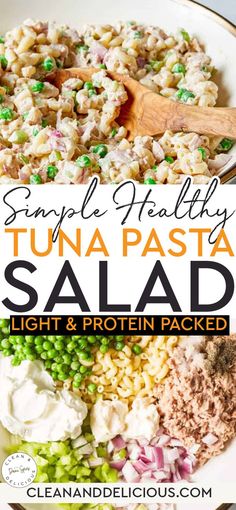 tuna pasta salad with peas and carrots in a white bowl