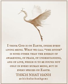 a white bird flying through the air with a quote below it that reads, i think god is on earth, inside every living being