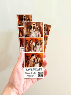 a person holding up some wedding photos in their hand with the words save the date printed on them