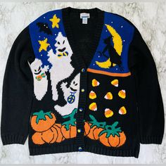 Get Ready For The Spooky Season With This Vintage 90s Y2k Lauren Rogers Cardigan Sweater Featuring A Playful Halloween Theme. This Sweater Is Perfect For Any Occasion, Whether It Be A Party, Casual Outing, Or Even Workwear. The Multicolor Knit Fabric Adds A Cozy Touch, While The V-Neckline And Button Accents Give It A Stylish Flair. The Cardigan Is A Size L With A Regular Fit, Making It A Great Addition To Any Wardrobe. The Ghosts, Pumpkins, Bats, Candy Corn, And Witch Characters On The Sweater Add A Fun Touch, While The Moon And Stars Give It A Mystical Vibe. The Sweater Has All The Original Vintage Details, Including Shoulder Pads, And Is Made In Hong Kong. This Vintage Piece Is A Must-Ha Grunge Crew Neck Sweater For Halloween, 90s Style Black Sweater For Fall, 90s Black Sweater For Fall, 90s Style Black Winter Sweater, Black Vintage Cardigan For Fall, Retro Orange Cardigan For Winter, Oversized Grunge Halloween Sweater, Halloween Sweater Vintage, Retro Orange Winter Cardigan