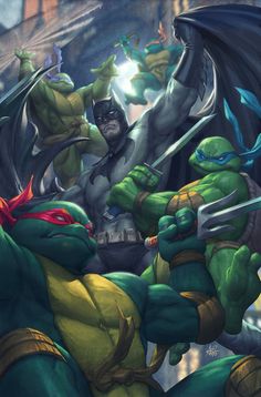 Special crossover variant cover for DC Comics. First time drawing the turtles. by Artgerm Batman Tmnt, Tmnt Wallpaper, Usagi Yojimbo, Teenage Mutant Ninja Turtles Artwork, Teenage Mutant Ninja Turtles Art, Ninja Turtles Artwork, Tmnt Artwork, Teenage Ninja Turtles