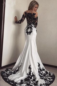 Elegant Long Sleeves Mermaid White Black Lace Appliques Satin Prom Dresses on Storenvy Cheap Prom Dresses Uk, فستان سهرة, Gothic Wedding, Satin Prom Dress, Black Wedding Dresses, Prom Dresses Long With Sleeves, Black Lace Dress, Cheap Prom Dresses, Long Bridesmaid Dresses