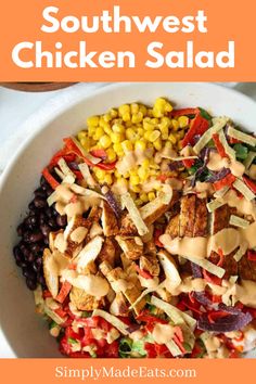 Southwest chicken salad with corn, chicken, tortilla strips and more. Southwest Chicken Salad Recipe, Southwest Salad Recipe, Dairy Free Salads, Southwest Chicken Salad, Southwest Salad, Chicke Recipes, Spicy Salad, Chicken Corn, Southwest Chicken