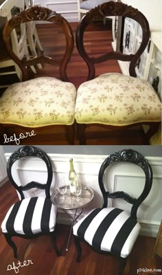 two chairs with black and white stripes on them, one has a wine glass in it