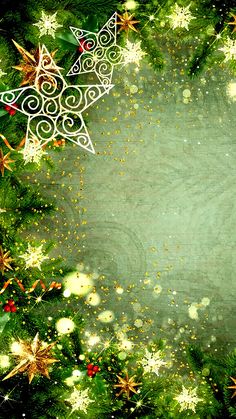 a green christmas background with stars and ornaments on the bottom right corner is an ornament in the center