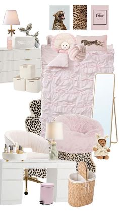 a collage of pink and white items including a bed, desk, chair, mirror, lamp and other accessories