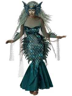 a woman dressed as a mermaid with green hair and blue eyes is standing in front of a white background