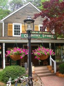 a store with flowers hanging from the roof