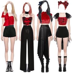 Long Straight Blonde Hair, Stage Costume Design, Red Black Outfit, Red And Black Outfits, Kpop Stage, Straight Blonde Hair, Preformance Outfits, Stage Outfit, Dress Sketches