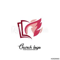 church logo design with abstract shapes and wings in red, white and pink colors on a white background