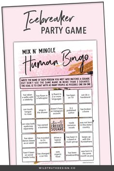 a pink party game with the text,'bachelor party games mix n mingle human song '