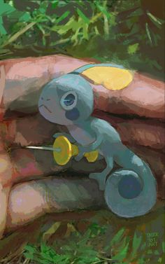 a digital painting of a small toy in the palm of someone's hand,