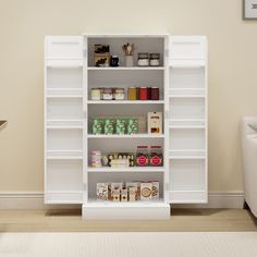 a white book shelf filled with lots of food