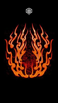 an orange and red fire pattern on a black background with the letter p in the middle