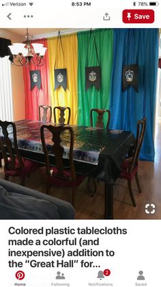 an image of a table and chairs in front of rainbow curtains with the words colored plastic tablecloths made a colorful and expensive addition to the great