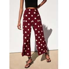 Zara Wide Leg Palazzo Pants Super Cute And Trendy Polka Dot Pants. High Rise, Pull On Style, Back Elastic, Side Pockets, Wide Leg, Cropped Length. Bloggers' Favorite! Burgundy And Cream Color. Zara High Waist Purple Bottoms, Chic Polka Dot Summer Bottoms, Chic High Waist Polka Dot Bottoms, Purple Summer Wide Leg Work Pants, Chic Purple Bottoms For Day Out, Chic Wide Leg Polka Dot Pants, Chic Polka Dot Wide Leg Pants, Chic Polka Dot Long Pants, Summer Wide Leg Polka Dot Pants