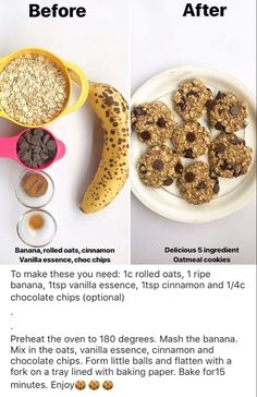 the before and after pictures show how to make granola bites for breakfast with bananas