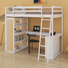 a white loft bed with desk underneath it