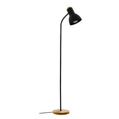 a black floor lamp with a wooden base and an adjustable arm, on a white background