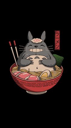 a cartoon cat eating ramen with chopsticks