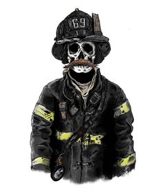 a drawing of a fireman with a skull in his hat and uniform, wearing a moustache