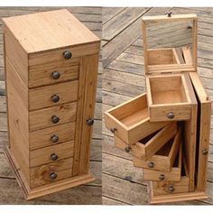 two wooden drawers are stacked on top of each other and one drawer is open to show the contents