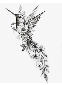 a drawing of a hummingbird with flowers on it's back and wings flying in the air