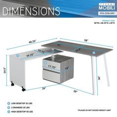 an image of a desk with measurements for the top and bottom section, including two drawers