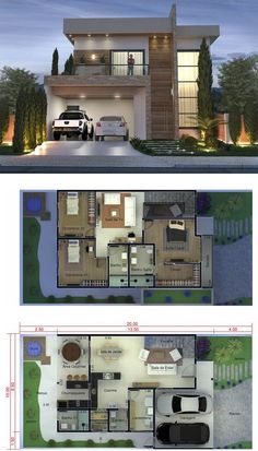 two story house plan with garage and living room in the middle, one bedroom on each floor