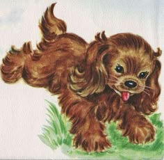 a drawing of a brown dog running through the grass with its tongue out and eyes wide open