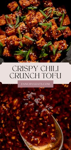 Crispy Chili Crunch Tofu topped with sliced green onions and sesame seeds. Vegetarian Recipes Spicy, Easy Soup Vegetarian, Recipes With Tofu Healthy, Hot Vegetarian Meals, Recipes With Fried Tofu, Vegeterian Ideas Asian, Gf Asian Recipes, Vegetarian Food Prep, Flavorful Tofu Recipes